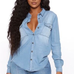 Fashion Nova Let's Cause Havoc Button Down Shirt - Medium Blue